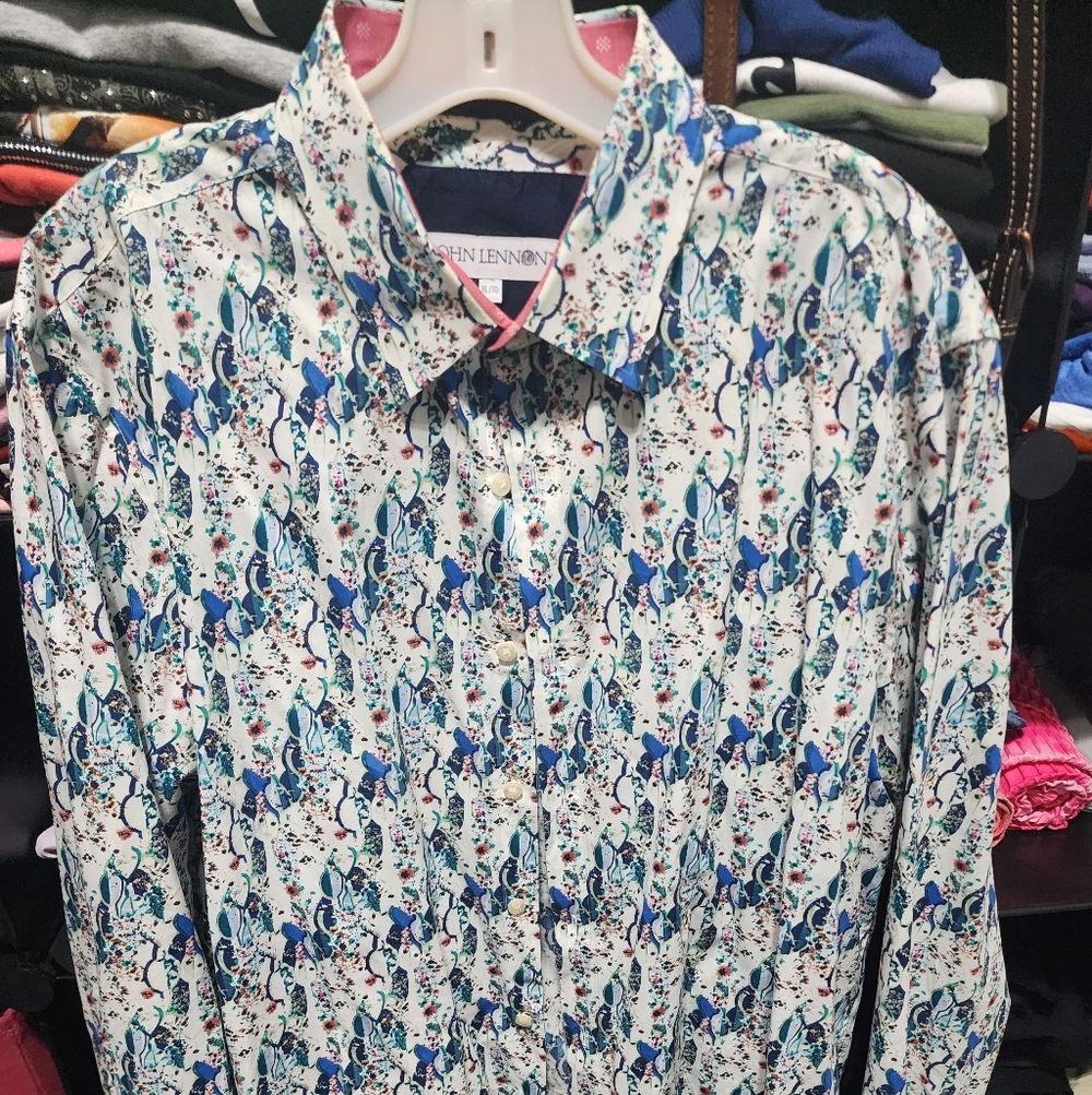 JOHN LENNONBlue Floral Print Men's Button-Up Shirt